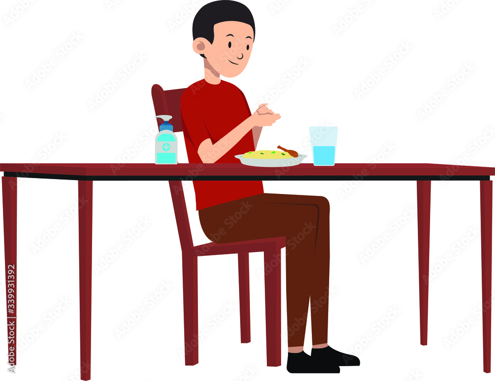 A man using hand sanitizer before his meals A man using hand sanitizer before his meals