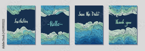 Set of four vertical waves borders. Elegant wavy striped frame. Hand-drawn banners in doodle style. Template for cards, invitations, flyers or posters. Text. EPS 10.