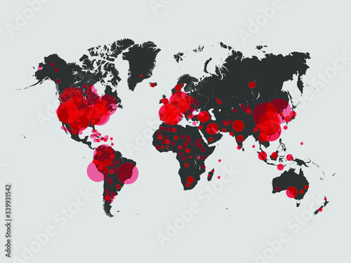 Covid-19, Covid 19 map confirmed cases report worldwide globally. Coronavirus disease 2019 situation update worldwide. Maps show where the coronavirus has spread, graphic on grey background.