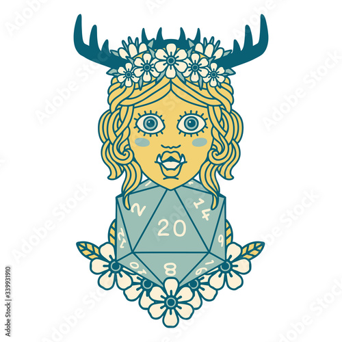 half orc druid with natural twenty dice roll illustration