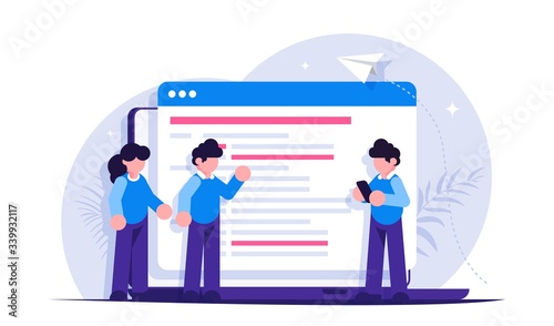 Programmers discuss the code on the laptop screen. IT specialists while working on the project. Modern flat vector illustration.