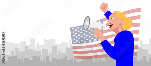 American woman communicates shouting loud holding a megaphone. Protester concept.