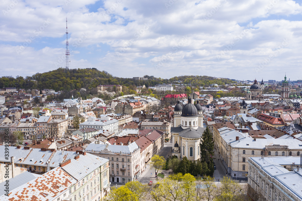 Fototapeta premium View on The Church of the Transfiguration in Lviv, Ukraine from drone