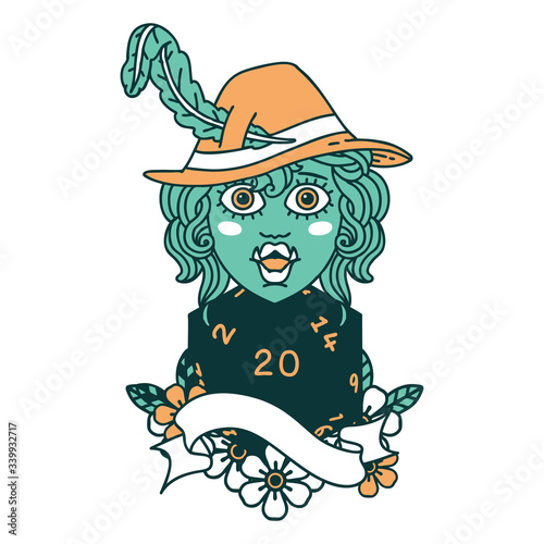 singing half orc bard character with natural twenty dice roll illustration