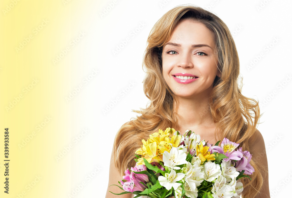 Woman with Spring Flower bouquet. Happy surprised model woman smelling flowers. Mother's Day. Springtime Woman with Spring Flower bouquet. Happy surprised model woman smelling flowers. Mother's Day. Springtime