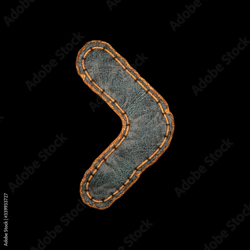 Symbol right angle bracket made of leather. 3D render font with skin texture isolated on black background.