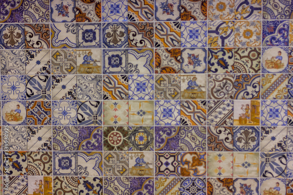 wall of multicolored tiles with ethnic patterns pottery retro