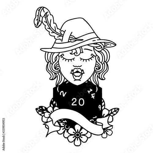 singing half orc bard character with natural twenty dice roll illustration