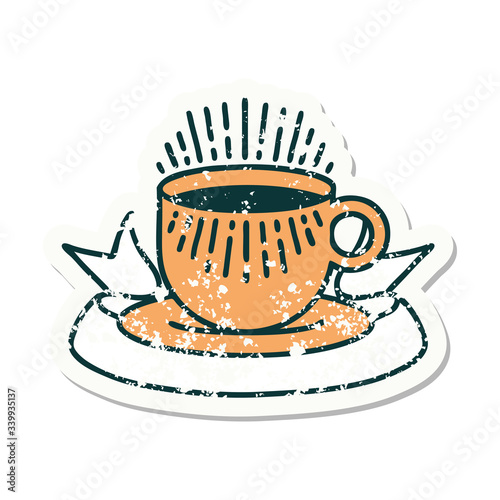grunge sticker with banner of cup of coffee