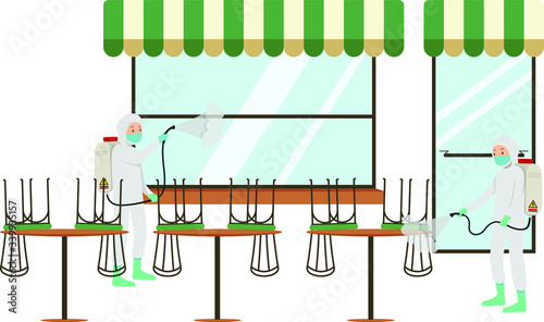 Medical staff are spraying disinfectant around closed café