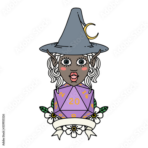 elf mage character with natural twenty dice roll illustration