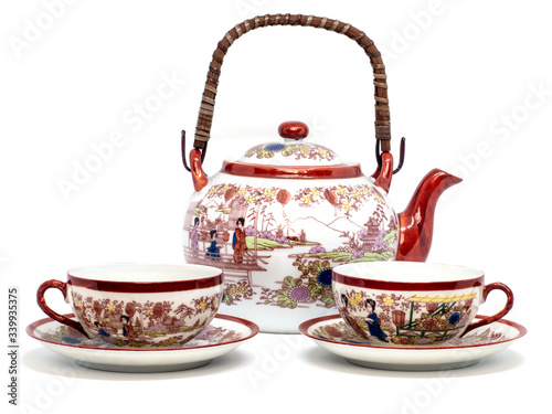 Kitsch Asian Style Tea Set on White Background