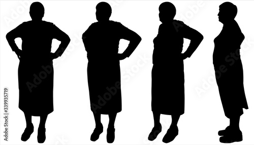 Vector illustration elderly woman stands and holds both hands on belt. Line of senior women, grandmothers. Pensioners. Discontent. Expectation. Black shadows isolated. Sport. Physical exercise.