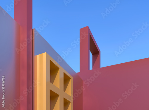 Architecture construction against blue sky. Red rectangular arches, gray cubes. Architectural composition for advertising goods, brands. Yellow shelf, niche for exhibition. 3d render illustration 