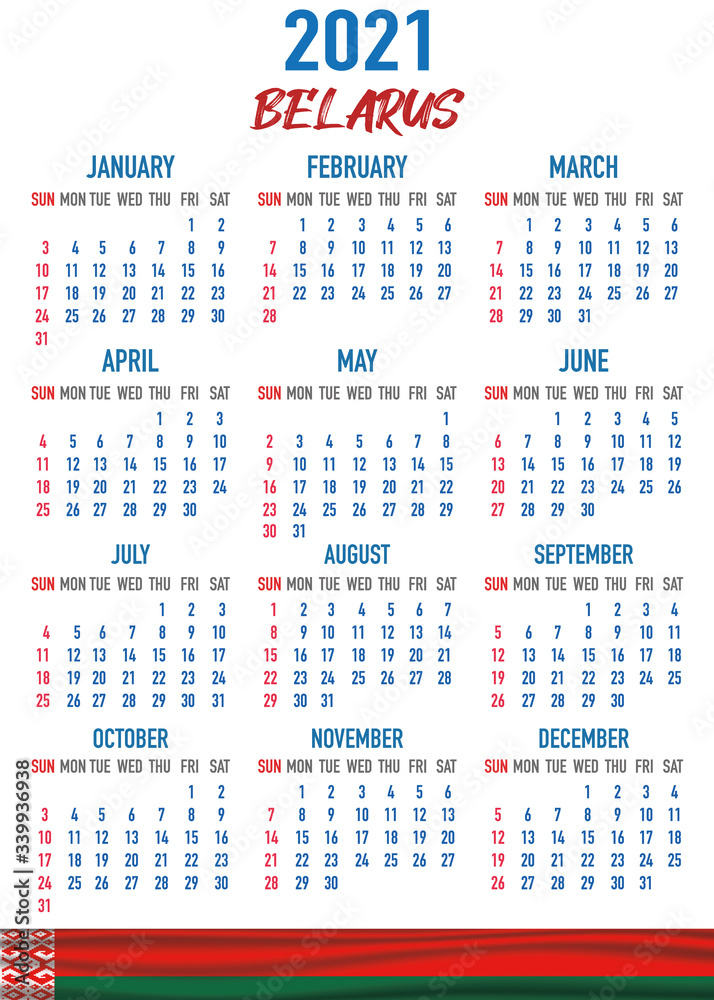 Belarus Calendar with flag. Month, day, week. Simply flat design. Vector illustration background for desktop, business, reminder, planner Belarus Calendar with flag. Month, day, week. Simply flat design. Vector illustration background for desktop, business, reminder, planner