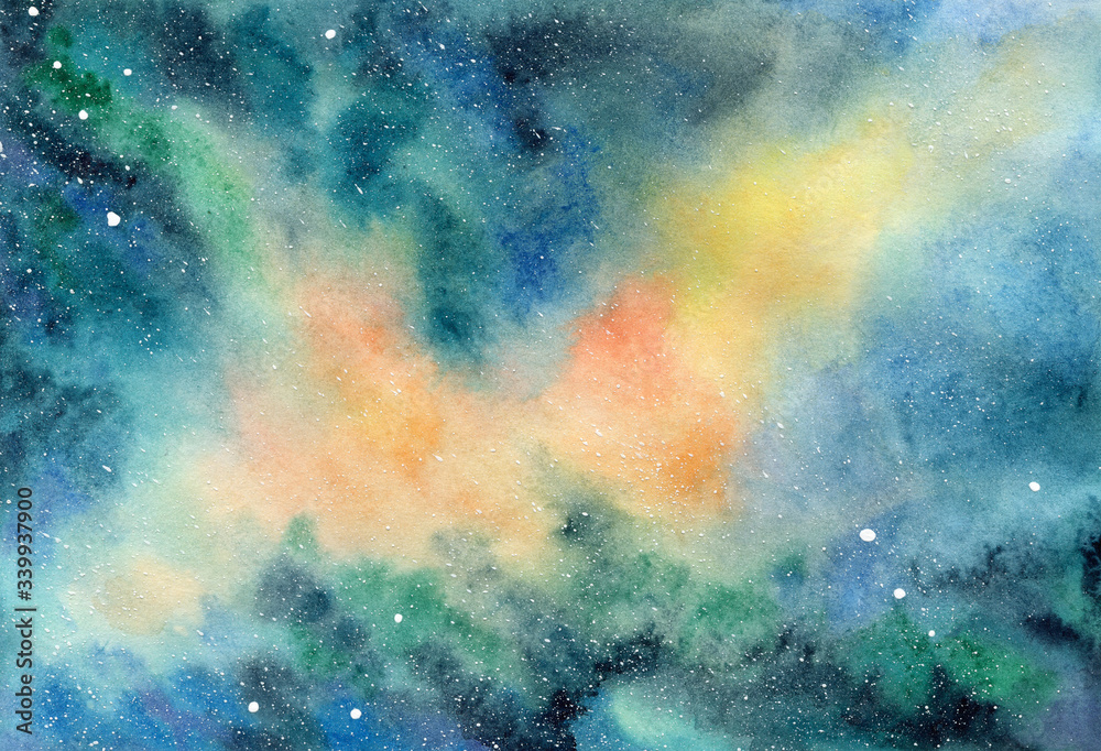 Fototapeta premium Abstract watercolor , fantasy background. A deep space of orange, green and blue colors with a spray of white stars. Hand drawn