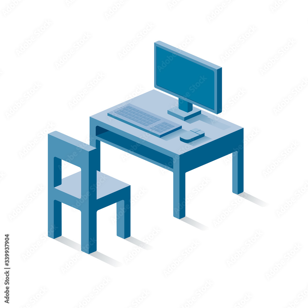 office workplace. with table chair and computer. isomatric vector illustration. flat design furniture. work from home. office workplace. with table chair and computer. isomatric vector illustration. flat design furniture. work from home.
