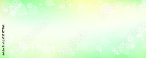 Light green web banner with bokeh, sparkles and stars. Summer, spring shiny background. Vector abstract pattern. Art design for postcard, invitation, greeting card. Soft colored copy space. EPS10