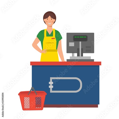 Cartoon cashier at the supermarket at the counter with cash register, character for children. Flat vector illustration