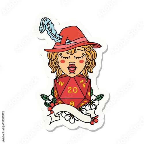 human bard with natural twenty dice roll sticker