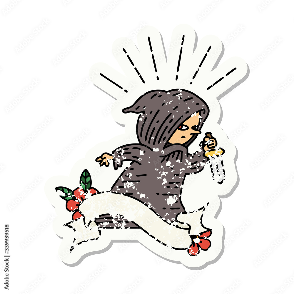 grunge sticker of tattoo style assassin with knife