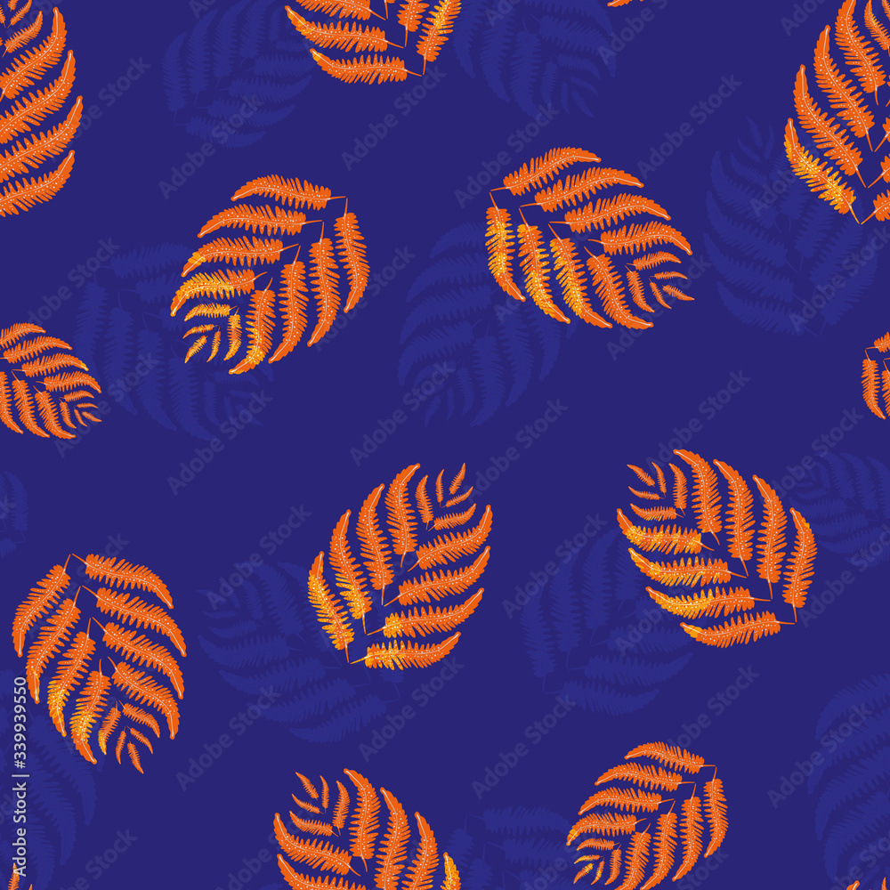 Fern leaves vector seamless pattern background. Forest plant frond neon orange indigo backdrop. Botanical foliage with overlay texture. All over print for fall, autumn concept, packaging, print Fern leaves vector seamless pattern background. Forest plant frond neon orange indigo backdrop. Botanical foliage with overlay texture. All over print for fall, autumn concept, packaging, print