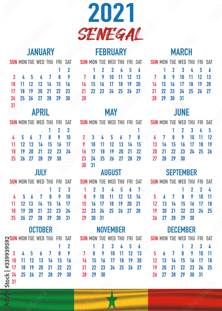 Senegal Calendar with flag. Month, day, week. Simply flat design. Vector illustration background for desktop, business, reminder, planner Senegal Calendar with flag. Month, day, week. Simply flat design. Vector illustration background for desktop, business, reminder, planner