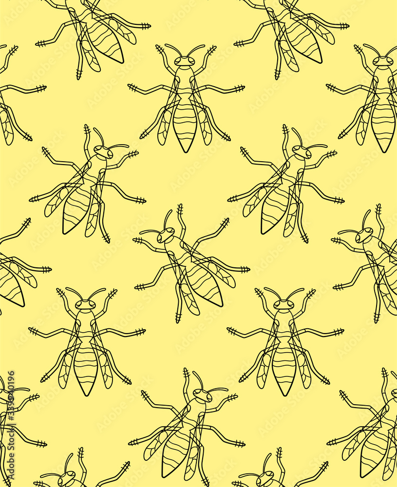 Fototapeta premium Top view outline style wasps seamless pattern on yellow background