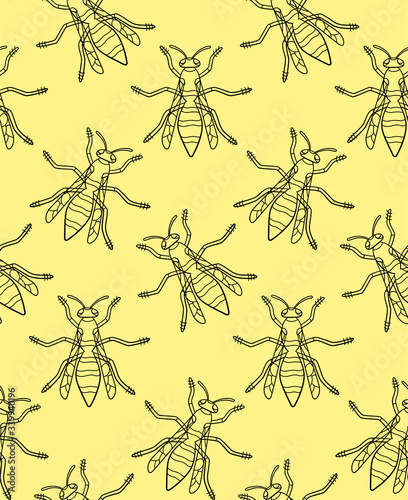 Top view outline style wasps seamless pattern on yellow background