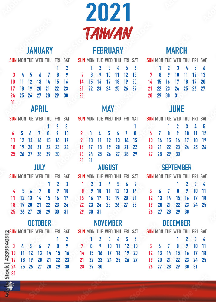 Taiwan Calendar with flag. Month, day, week. Simply flat design. Vector illustration background for desktop, business, reminder, planner Taiwan Calendar with flag. Month, day, week. Simply flat design. Vector illustration background for desktop, business, reminder, planner