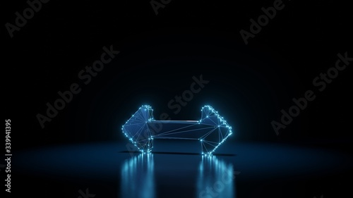 3d rendering wireframe neon glowing symbol of double horizontal arrow on black background with reflection