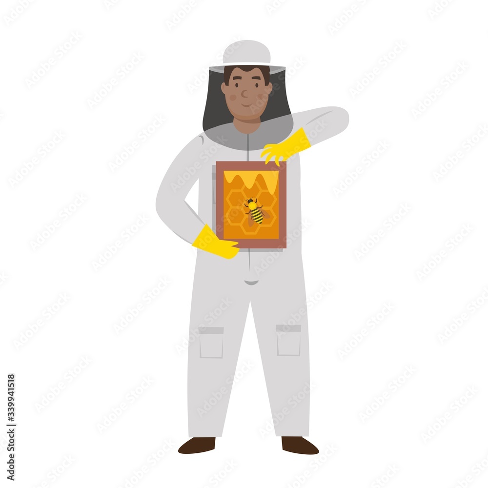 Cartoon beekeeper with a frame of honey and a bee, character for children. Flat vector illustration
