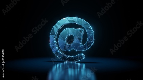 3d rendering wireframe neon glowing symbol of at sign on black background with reflection
