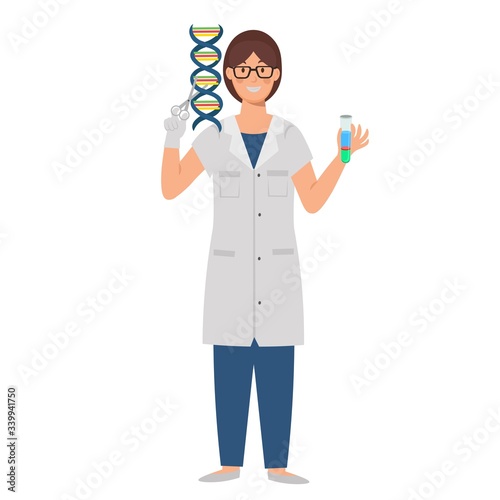 Cartoon DNA biologist character for children. Flat vector illustration