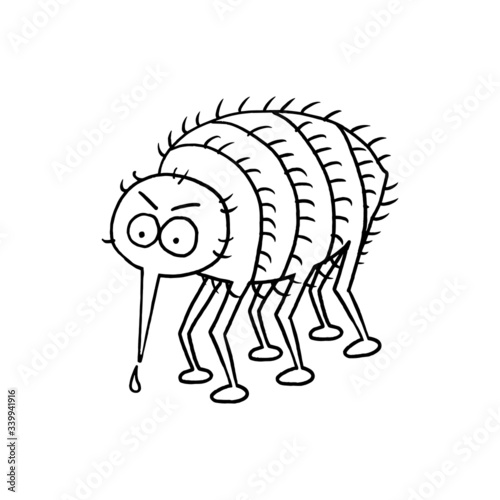 Outlined illustration hand-drawn flea isolated on white background for children learning and colouring. Vector graphic.