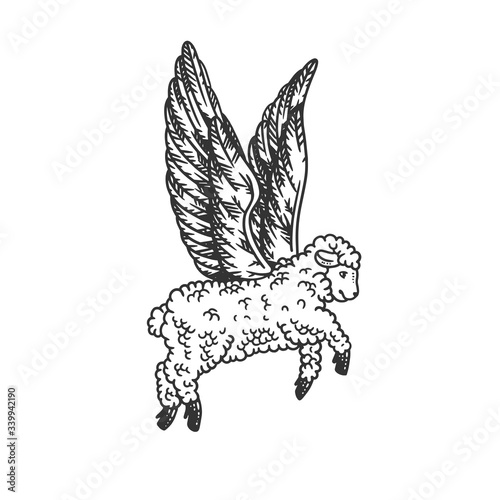 Angel flying sheep engraving vector illustration. Scratch board style imitation. Black and white hand drawn image.