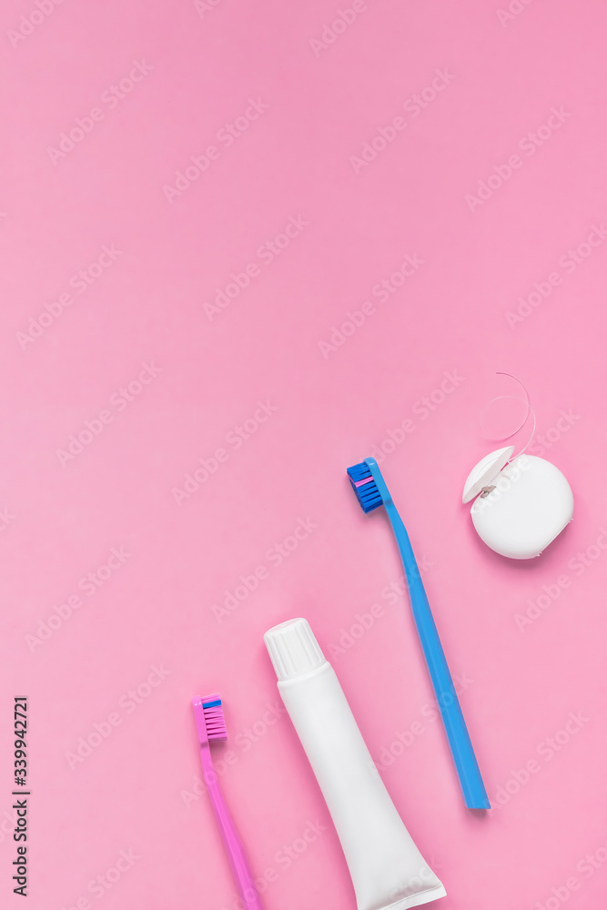 Teeth hygiene and oral care products flatlay Teeth hygiene and oral care products flatlay