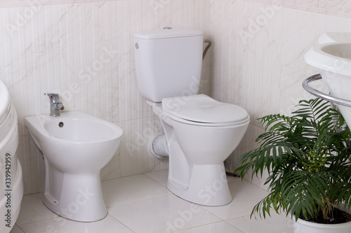 toilet bowl and bidet in the bathroom photo