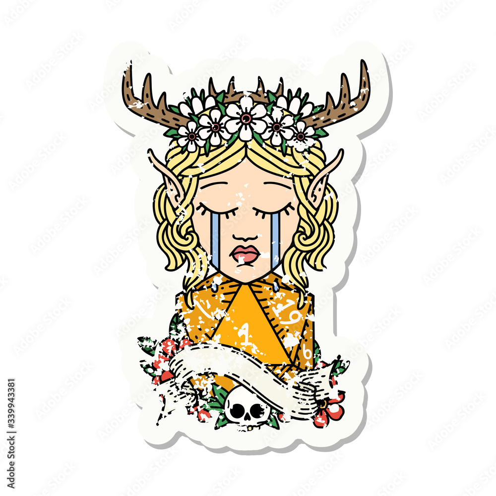 crying elf druid character face with natural one D20 dice roll grunge sticker crying elf druid character face with natural one D20 dice roll grunge sticker
