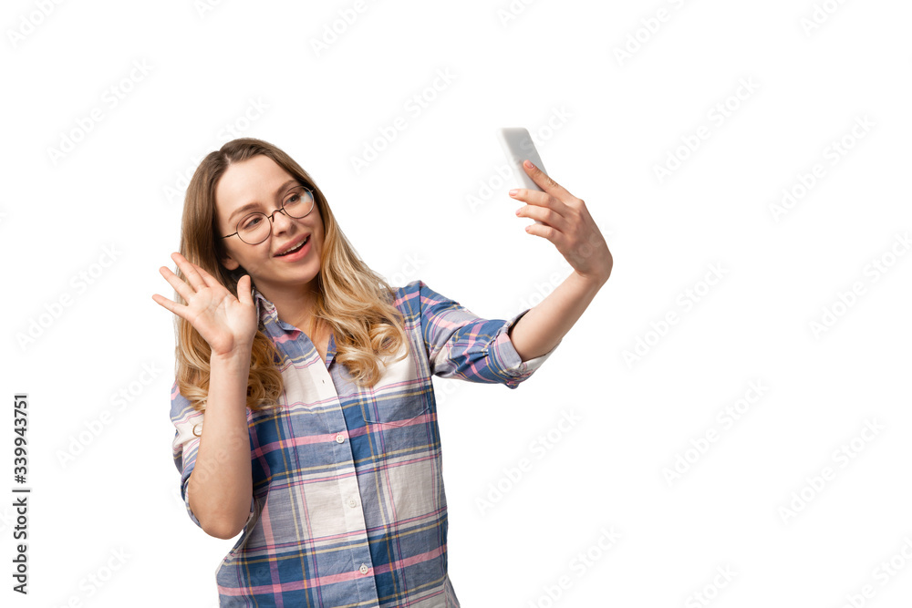 Young caucasian woman using smartphone, devices, gadgets isolated on white studio background. Concept of modern technologies, gadgets, tech, emotions, ad. Copyspace. Talking, meeting online education. Young caucasian woman using smartphone, devices, gadgets isolated on white studio background. Concept of modern technologies, gadgets, tech, emotions, ad. Copyspace. Talking, meeting online education.