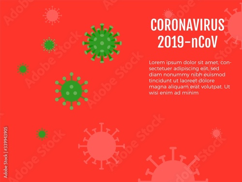 Green virus on red background, covid-19 related