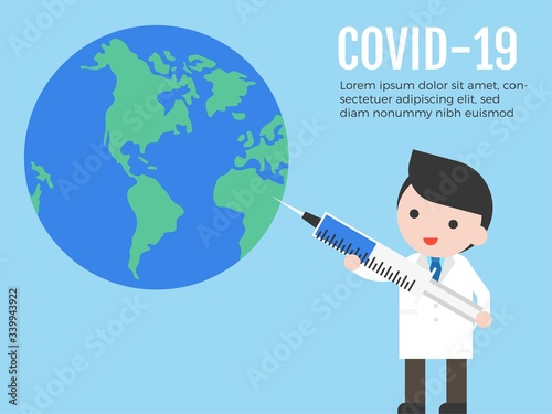 Doctor injecting earth with syringe, covid-19 related