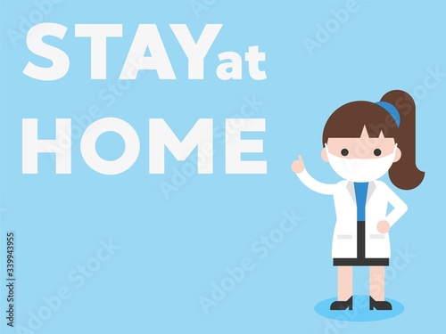 Woman doctor pointing at stay at home text