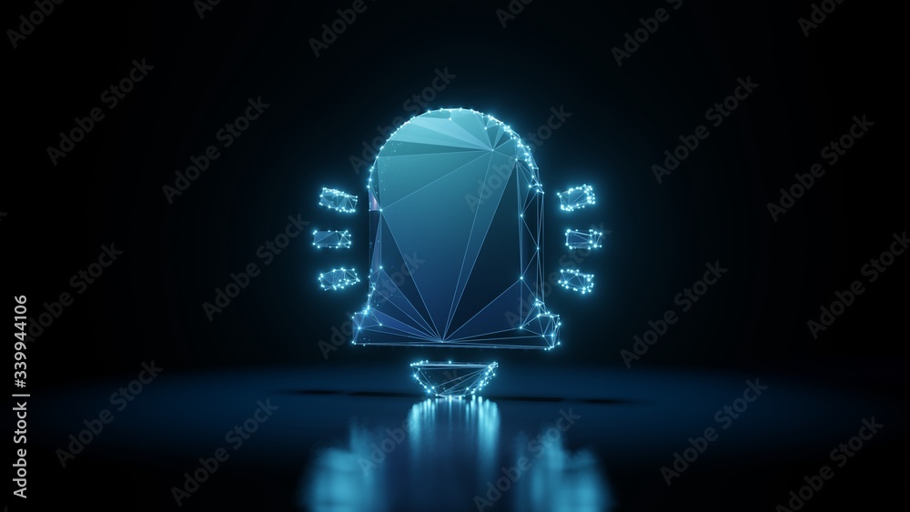 3d rendering wireframe neon glowing symbol of bell on black background with reflection 3d rendering wireframe neon glowing symbol of bell on black background with reflection
