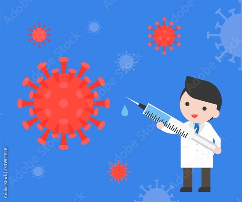 Doctor holding syringe with corona virus background
