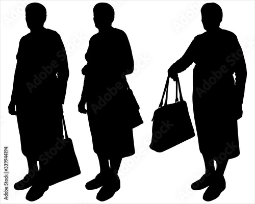 Vector illustration of three older girlfriends on a walk. Fashion accessory. Retirement age. Aged, elderly people. Cheerful senior. Senior person portrait. Cute grandmother. Glamour lifestyle.