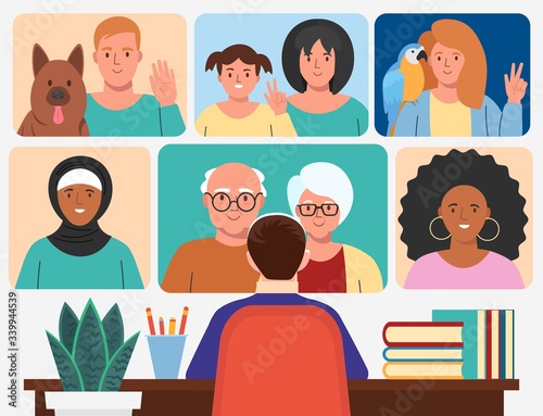 Concept of video conference. A man speaking with many people online at home.Video chat with friends and family. Flat vector illustration.