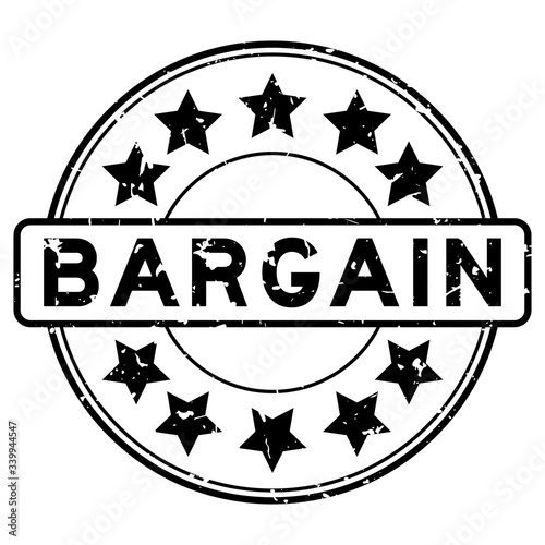 Grunge black bargain word with star icon round rubber seal stamp on white background