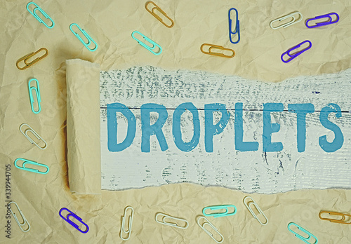 Conceptual hand writing showing Droplets. Concept meaning very small drop of a liquid can be found in certain wet places photo