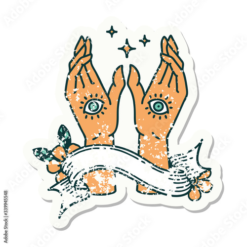 grunge sticker with banner of mystic hands